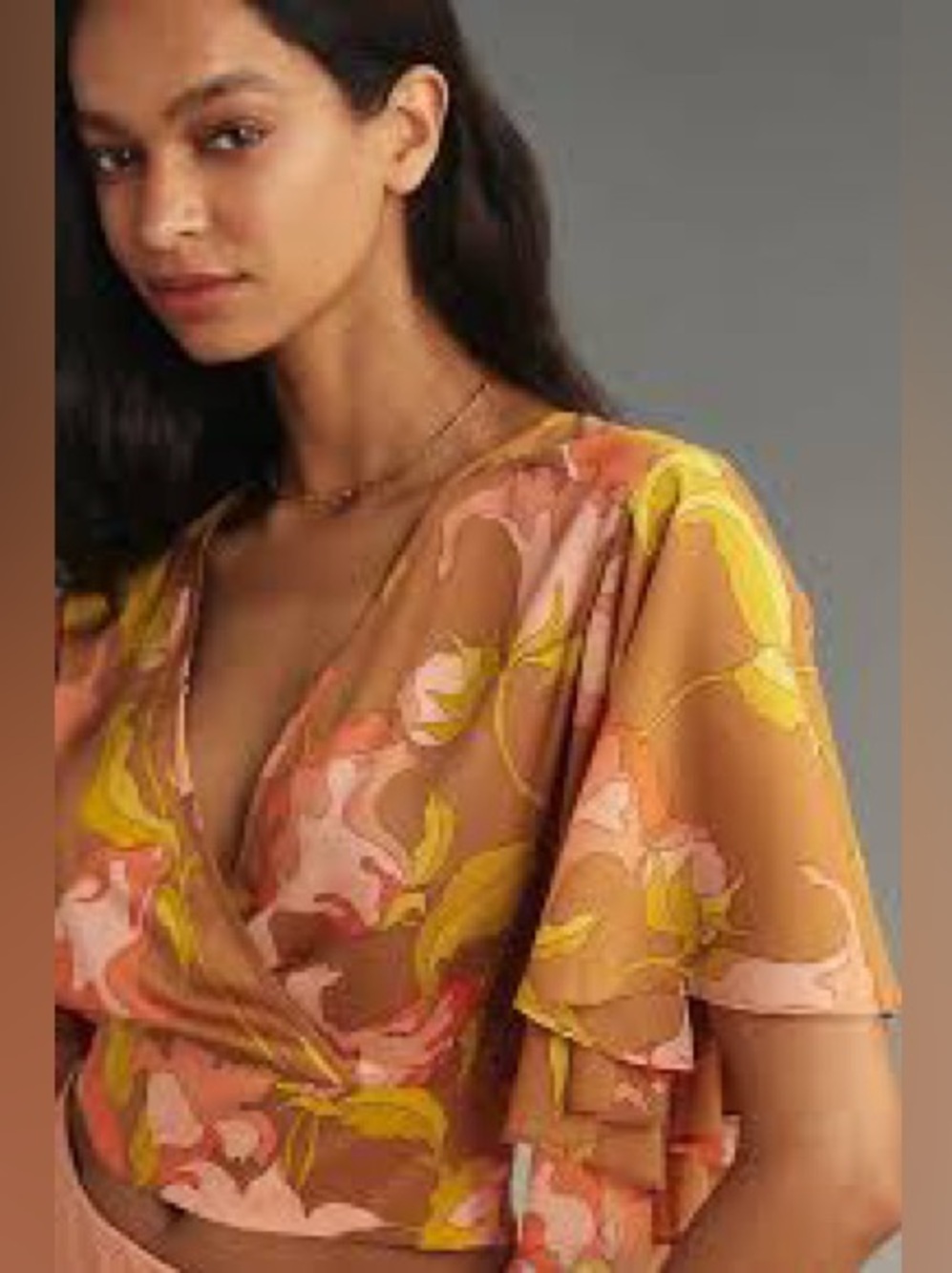 Tiny Anthropologie Womens Yellow Brown Olympia Faux Wrap Flutter Sleeve Top S